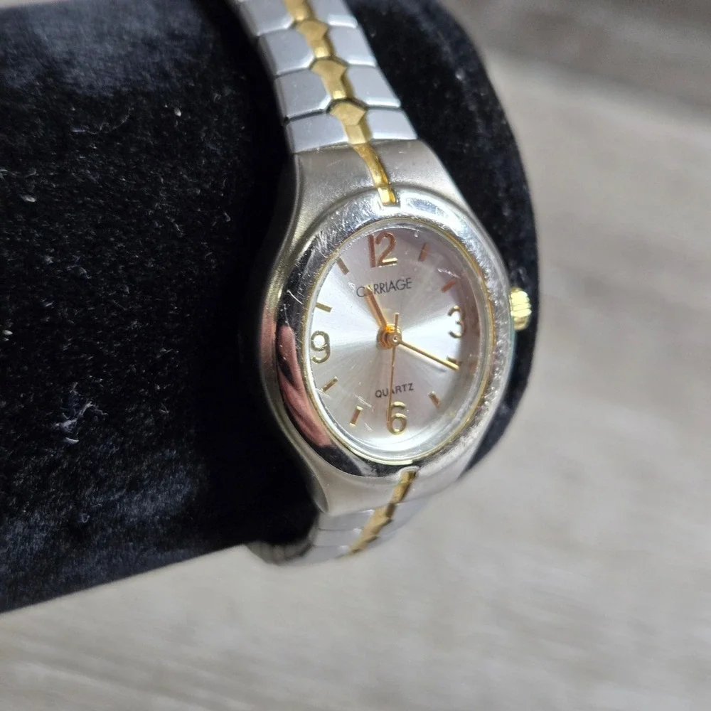 Timex Carriage Women's Quartz Watch Silver Gold Tone Stretch Band Analog Dress